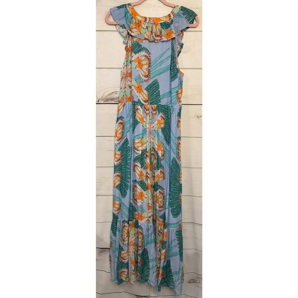 Oliphant Size Large Maxi Dress Sleeveless Fun Flirty Ruffles Tropical - Picture 2 of 6